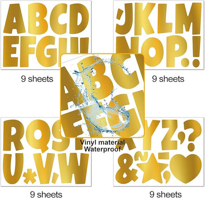 Bemeol Letter Stickers 351 Pieces 4 Inch Bulletin Board Letters Alphabet Cutout Letter for Bulletin Board Display Home Classroom School Decor(Gold)