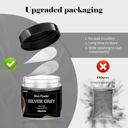 Silver Mica Powder Pigment (100g) -Cosmetic Grade Metallic Mica Powder for Epoxy Resin, Lip Gloss, Soap,Candle Making,Bath Bombs,Tumblers, Jewelry, Dyes, and DIY Crafting Projects(Silver Grey, 3.5oz)
