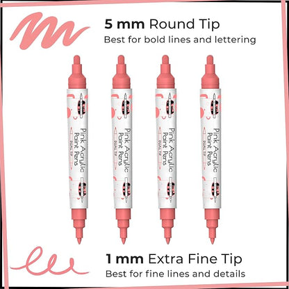 4 Dual Tip Pink Paint Pen Metallic - Fine Tip & Medium Acrylic Paint Markers - Pink Marker for Metal, Wood, Rock Painting, Canvas, Ceramic, Glass, Fabric, Leaf and Plastic - Water-based Ink