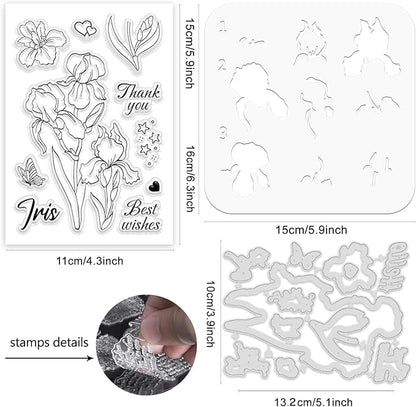 ORIGACH Iris Layering Stencil Stamp and Die Set for Card Making, Flower Stencil Template Silicone Clear Stamps and Metal Die Sets for DIY Scrapbooking Photo Album Crafting