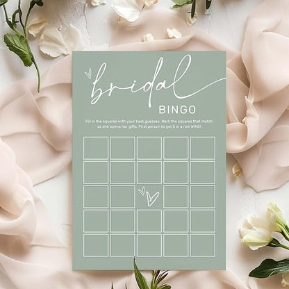 Bridal Shower Bingo, What Will The Bride to Be Receive, 25Pcs Bridal Bingo Game Cards, Engagement Party Games for Guests, Minimalist Green Wedding Party Supplies - C18