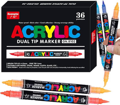Guangna 36 Colors Acrylic Paint Markers, Dual Tip Paint Markers Pens Set with Soft Brush Tip, Multifunctional Fine Tip Markers for Wood,Canvas,Rock Painting, Glass, Diy Crafts Art Supplies, Waterproof