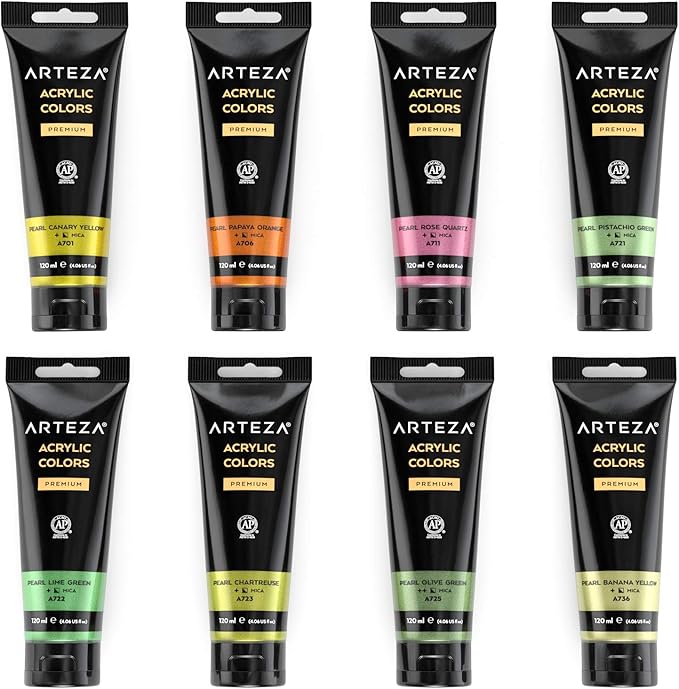 Arteza Metallic Acrylic Paint, Set of 8 Floral Brilliance Colors 4 oz Tubes, Rich Pigments, Non Fading, Non Toxic Paints for Artists & Hobby Painters