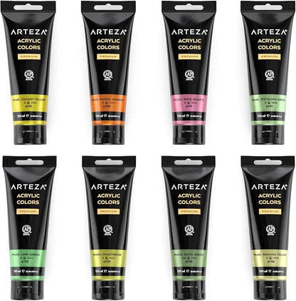 Arteza Metallic Acrylic Paint, Set of 8 Floral Brilliance Colors 4 oz Tubes, Rich Pigments, Non Fading, Non Toxic Paints for Artists & Hobby Painters