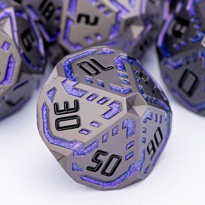 Metal DND Sci-fi Dice Set 7PCS Stripe Polyhedral Dice for Dungeons Dragons RPG Role Playing Game, Glitter D and D Dice with Gift Box D6 D8 D10 D12 D20 (Black Purple) ﻿
