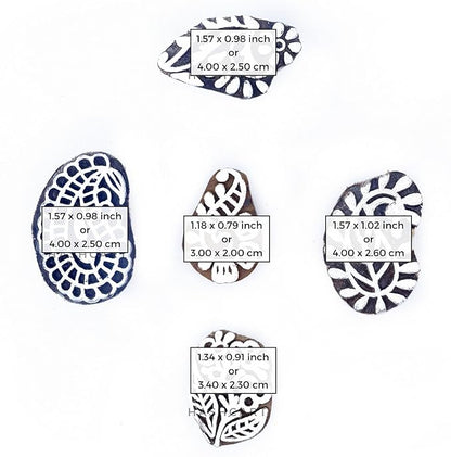 HASHCART® Paisley Shapes Wooden Printing Stamps for Block Print, Handcarved Indian Textile Printing Blocks for Tattoo Saree Border Scrapbooking Kids Paper Clay, Pottery Stamps [ Set of 5 ]