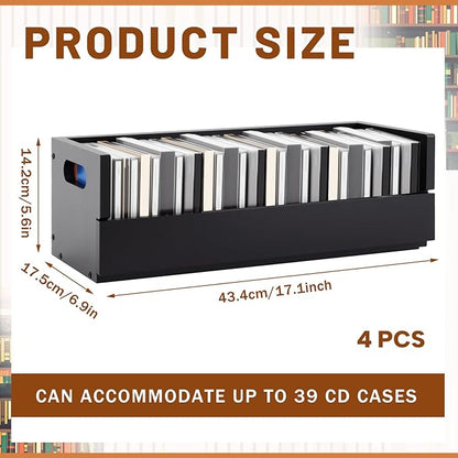 4 Set Wooden CD Storage Box Holder Shelf Cassette Tape Display Racks with Carrying Handles, Organizer Shelf for Movie Cases, DVDs, Each Set Can Store up to 36 Pcs CDs (Black)