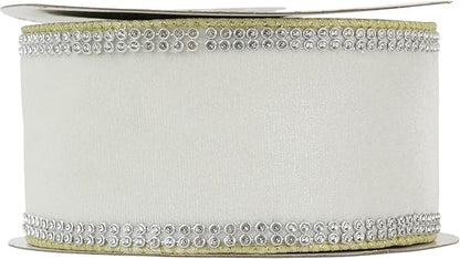 MEEDEE Gold & White Velvet with Rhinstone Edge Wired Ribbon 2.5 Inch Luxury Jeweled Ribbon 5 Yards Sparkling Rhinestone Trim for Christmas Tree, Garland, Wreaths, Holiday Home Decor, Wedding Decor