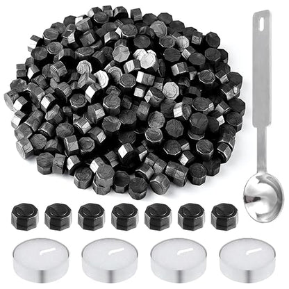 500 Pcs Octagon Sealing Wax Beads Black Wax Seal Beads with 4 Pcs Tea Candles and 1 Pcs Wax Melting Spoon for Crafts Letter Wine Greeting Cards Sealing