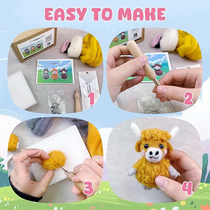 Needle Felting Kit, 3 Pcs Highland Cow Wool Needle Felting Kit for Beginners & Adult, Animal Doll Making Set with Video Instruction, Craft Party Supplies, Tools & Foam Pad, DIY Birthday Gift