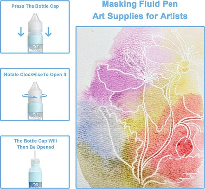 Masking Fluid for Watercolor Painting, 30ml Watercolor Masking Fluid with 2 Brushes & Eraser, Fine Arts & Crafts Supplies for Ink, Watercolor, Gouache Painting