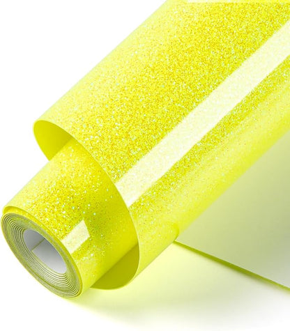 HTVRONT Glitter Heat Transfer Vinyl - 10" x 5FT Neon Lemon Yellow Glitter HTV Vinyl for T-Shirts, Neon Lemon Yellow Glitter Iron on Vinyl for All Cutter Machine