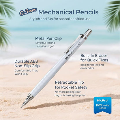 Nicpro Cute Mechanical Pencil Set, 4PCS 0.5mm Pastel Drafting Pencils with 4 Tube HB Lead Refills, 4B Erasers, Rotary Retractable Eraser and Eraser Refill for Writing Sketching Back to School Supplies