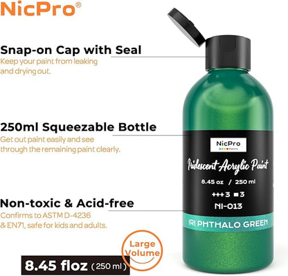 Nicpro Iridescent Green Acrylic Paint, 8.45oz / 250ml Large Bottle Green Metallic Acrylic Paint, Color Shifting & Non-Toxic Art Painting Supplies For Craft Canvas Fabric Rock Wood Ceramic Metal