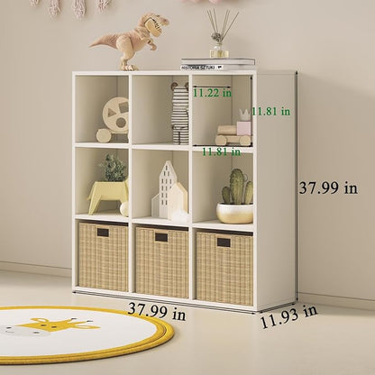 Wood Cube Storage Organizer Closet Cabinet for Living Room Bedroom Study Shelf Bookcase Wooden Floor Standing Open Bookshelf for Kids Home Office Display Storage Cabinet (White, 9-Cube, 11.81in)