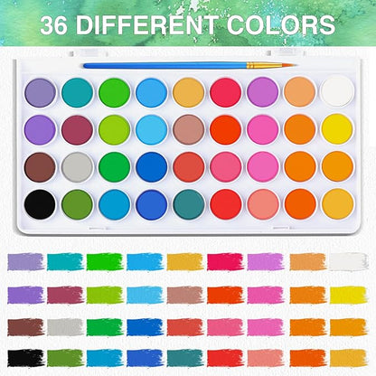 AROIC 65 Pieces Watercolor Paint Set,36 Colors Watercolor,10 Brushes,3 Refillable Water Brush Pens,16 Page Pad(8.5 * 5.5in),Profesional Watercolor Kit for Kids, Adults, Beginners
