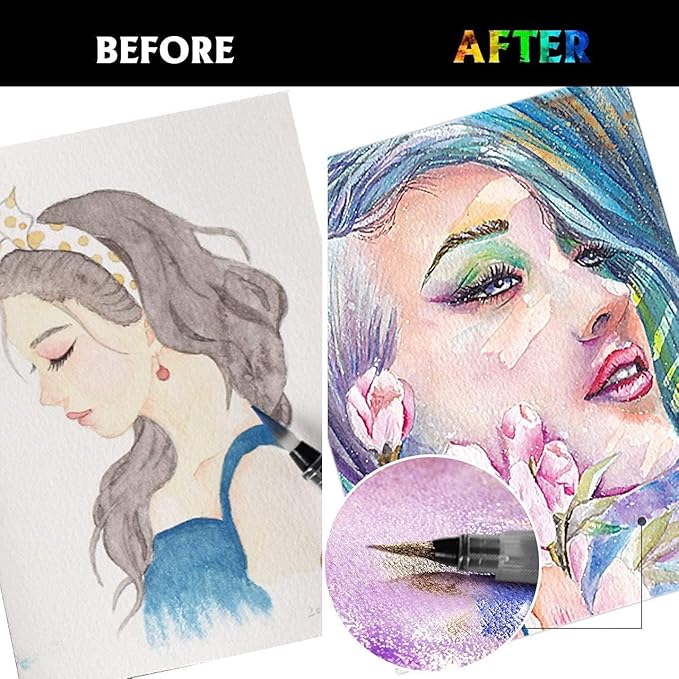Emooqi Watercolor Paints Set, Metallic Glitter Watercolour Solid Paint Include 12 Metallic Glitter Color 2 Water Brushes 2 Color Card Storage Bag, Ideal for Illustrations Painting.