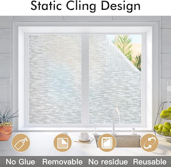 Haton Window Privacy Film, Frosted Glass Static Cling Sun Heat Blocking Window Clings, Frosting Opaque Coverings, Vinyl Removable Stickers Tint for Home Door Office, Non Adhesive 35.4" x 157.4"