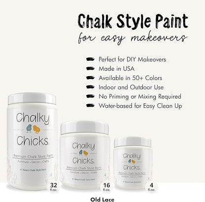 Chalky Chicks All-in-One Chalk Paint for Furniture or Cabinet - 32 Fl Oz - Matte Finish Old Lace (Off White) for Metal, Wood Furniture Paint - No Sanding All-in-One for Home Decor & Crafts, USA Made