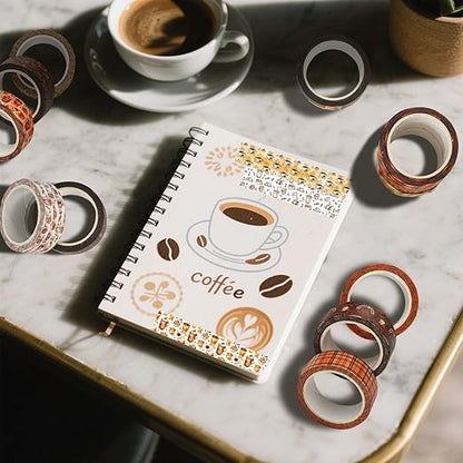 12 Rolls Coffee Washi Tape Set, Vintage Coffee Decorative Tapes, Retro Brown Watercolor Cafe Masking Tape for Journaling, Scrapbooking, Planner, DIY Arts Crafts Supplies, Gift Wrapping 16.4FT