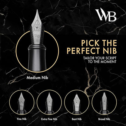 Wordsworth & Black Fountain Pen Set, Medium Nib, Includes 24 Pack Ink Cartridges, Ink Refill Converter & Gift Box, Calligraphy, [All Black], Perfect for Men & Women