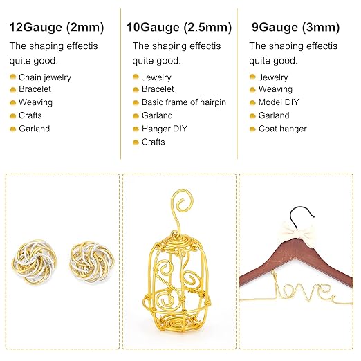 BENECREAT 10 Gauge Jewelry Craft Aluminum Wire 80 Feet Bendable Metal Sculpting Wire for Craft Floral Model Skeleton Making (Gold, 2.5mm)