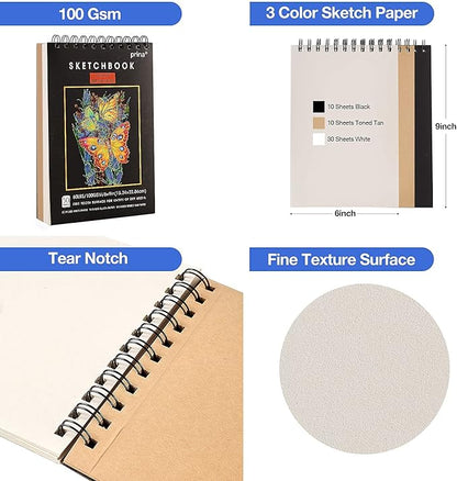 Prina 76 Pack Drawing Set Sketching Kit, Pro Art Supplies with 3-Color Sketchbook, Include Tutorial, Colored, Graphite, Charcoal, Watercolor & Metallic Pencil, for Artists Adults Teens Beginner