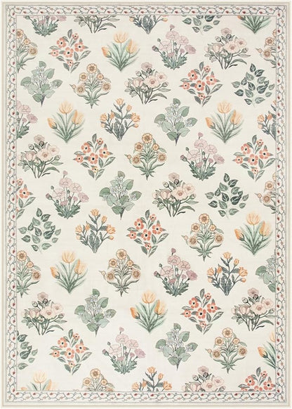 Wonnitar Nursery Rug for Baby Girl, Washable Moroccan Floral 5x7 Rug, Ultra-Thin Non Slip Neutral Flower Print Carpet for Living Room Kids Room Dorm Home Decor, Cream Beige