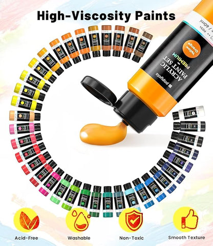 52 PCS Acrylic Paint Set with 12 Brushes, 2 Knives & Palette, 36 Colors (2oz/60ml) Art Craft Paint for Adults Kids Artists Beginners, Halloween Pumpkin Canvas Ceramic Rock Painting Kit