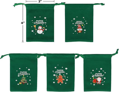 Tapleap Christmas Bags with Drawstring - 50Pcs 3x4 Green Velvet Coth for Wrapping Christmas Party Favors or Gifts for Friends, Children, Customers