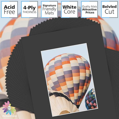 Mat Board Center, Pack of 25, 8x10 for 5x7 Black Picture Mat Sets - Acid Free, 4-ply Thickness, Bevel Pre-Cut White Core - Includes Backing Boards and Clear Bags - for Pictures, Photos, Framing