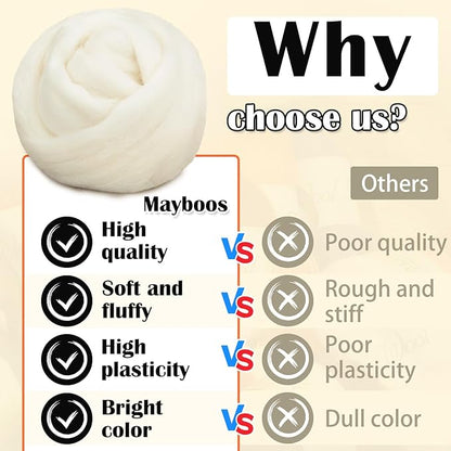 Mayboos Wool Roving Yarn, 1.76oz Colored Natural Wool Roving,Wool Felting Supplies Pure Wool Chunky Yarn for Wet Felting handcrafts and Spinning (White Color)