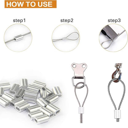Picture Hanging Wire, Plastic-Coated Stainless Steel Wire with 50pcs Aluminum Crimping Loop Sleeve for Hanging Photo Frame Artwork Mirror Bird Feeder String Light Plant Climbing (1.5mm x 98Feet)
