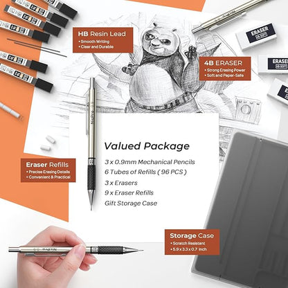 Nicpro 0.9 mm Art Mechanical Pencils Set in Gift Case, 6 PCS Metal Drafting Pencil 0.9mm with 6 Tube HB Lead Refills & 18 PCS Eraser Refills for Adults, Children, Artist Writing, Drawing, Sketching