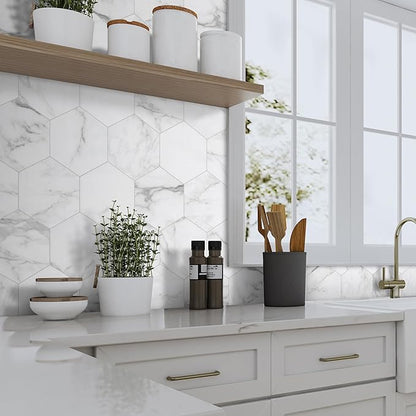 45-Sheet Hexagon Peel and Stick Backsplash, 6" x 7" White Calacatta Marble Looks Self Adhesive Wall Tile, Stone Composite Stick on Decorative Mosaic Tile for Kitchen Bathroom Fireplace