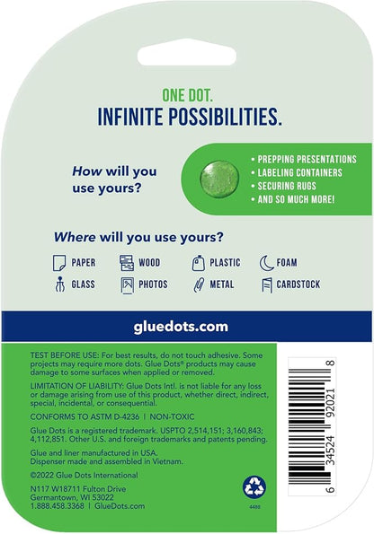Glue Dots, Dispenser for everyday uses, 6-pack, 750 total dots, 3/8", .375 Inches, Movable, Repositionable, Multi-Functional, Label Containers, Glue Stick and Tape Alternative, Clear