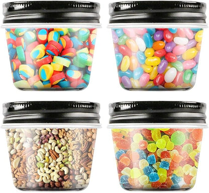 Novelinks 4 Ounce Plastic Jars with Black Lids - Refillable Round Clear Containers for Kitchen & Household Storage - BPA Free (40 Pack)