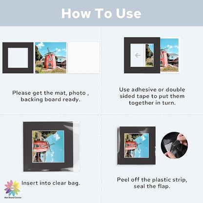 Mat Board Center, Pack of 25, 12x12 for 8x8 Black Mat Kit - Acid Free, 4-ply Thickness, White Core - Includes Backing Boards and Clear Bags - for Pictures, Photos, Framing