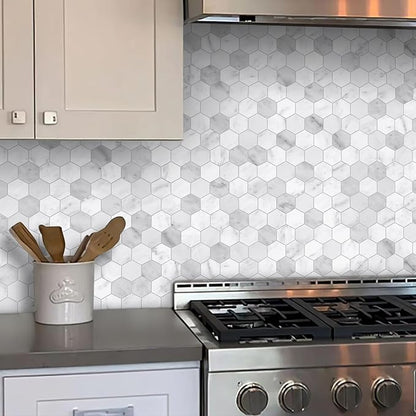 The Tiles Plaza 10-Sheet Peel and Stick Backsplash, Carrara White Hexagon Stone Composite Marble Looks Self Adhesive Wall Tile, Stick On Tiles for Kitchen Bathroom Shower, Cover 9 Sq Ft.