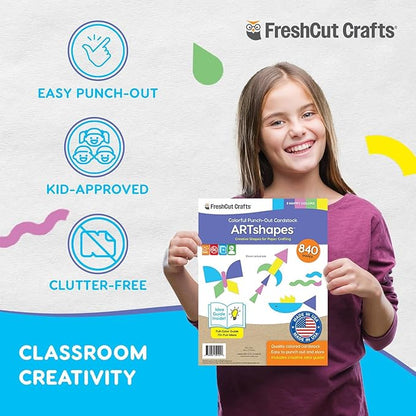ARTshapes 840 pc Creative Paper Shapes Pack with 70+ Idea Guide - US Made Card Stock - Punch Out Funky DIY Craft Supplies for Whimsical Art Designs, Paper Crafts, and Pattern Play 5 Happy Colors