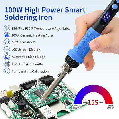 Soldering Iron Kit, 100W High Power LCD Soldering Iron, 2 Helping Hands Soldering, Flux, Iron Tips, Tin Wires, Solder Sucker, Tweezers. °C/℉ Conversion, Auto Sleep，Temperature Calibration