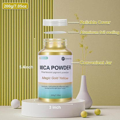 Mica Powder,200g/7.42oz Large Jar,Magic Gold Yellow Mica Powder Pigment for Epoxy Resin，Lip Gloss，Paint，Dye，Soap Making，Nail Polish,Candle Making,Bath Bombs