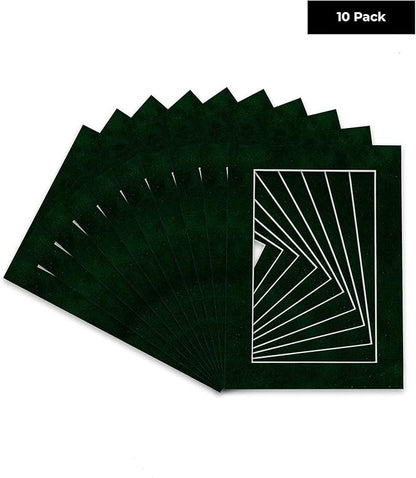 Pack of Ten Acid Free 8x10 Mats Bevel Cut for 5x8 Photos - Green Suede Precut Matboards With Backing Boards and Self Seal Photo Mat Bags For Pictures, Photos, Framing - 4-ply Thickness
