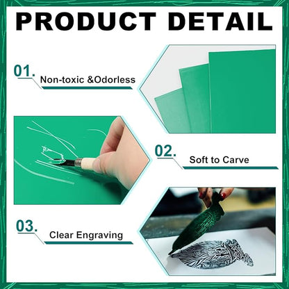 Yeaqee 8 Pcs Linoleum Block Rubber Carving Block Soft Linocut Blocks Large Linoleum Sheet Unmounted Lino Plates for Engraving Art Project Printmaking Artist Studio Supplies (9 x 12 Inch,Green)