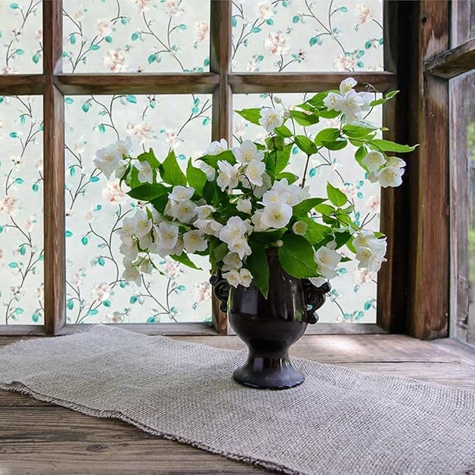 VSUDO Static Cling Decorative Window Privacy Film – Frosted Privacy Window Film with Jasmine Floral & Stained Glass Design, Adhesive-Free Tint for Home, Bathroom & Office (17.5" x 157.5")