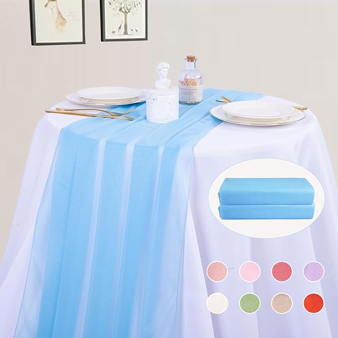 2 Packs 30 x 120 Inches Baby Blue Chiffon Table Runner 10ft Boho Gauze Table Runner for Wedding Decor, Rustic 120inch Long Table Runner for Wedding Bridal Baby Shower Party Decorations