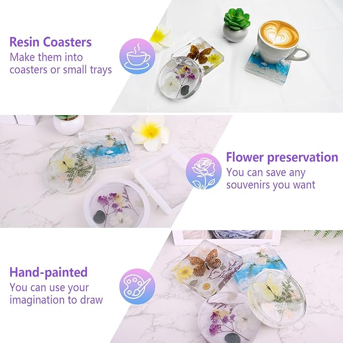 4 Resin Coaster Molds, Square Round Coaster Resin Molds, Small Coaster Silicone Molds for Resin Casting