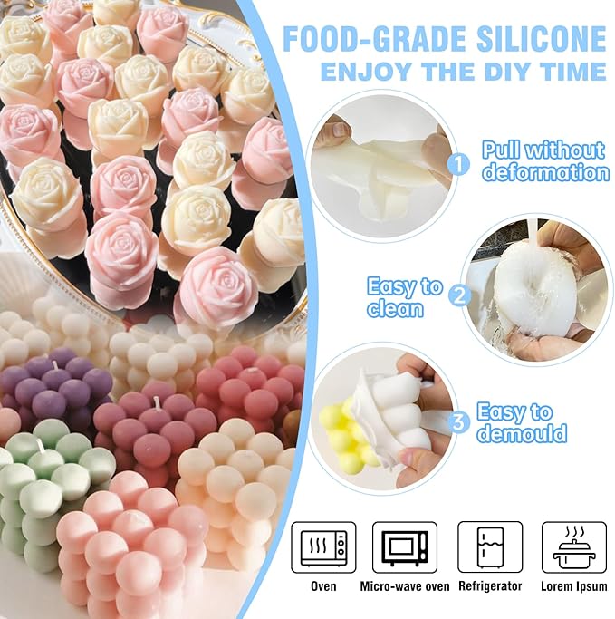 JDH 6Pcs Silicone Candle Molds Set for Candle Making,Yarn Ball Bubble Candle Molds, 3D Rose Silicone Mold,Cake Mold for Baking Desser Soap Casting Home Decor,for Soy Wax, Soap, DIY Scented Candle