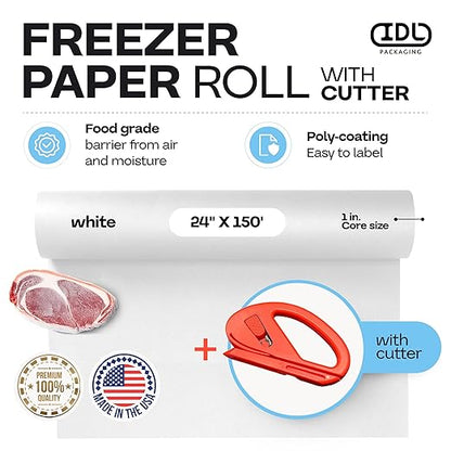 White Freezer Paper Roll 24" x 1800" (150 feet) with Cutter - USA-made Freezer Paper for Meat & Fish - Poly-Coated Food Wrapping Material for Freezing - Barrier Against Air & Moisture by IDL Packaging