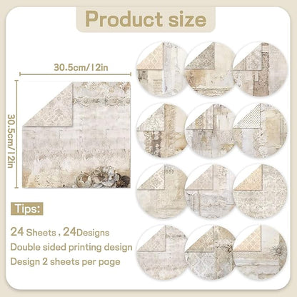 Scrapbook Paper 12x12 inch, 24 Sheets DIY Origami Decorative Craft, Double sided printing, Photo Album Decor Wooden-free Paper for Gift Wrapping Card Making Collage Album Decorative (White)